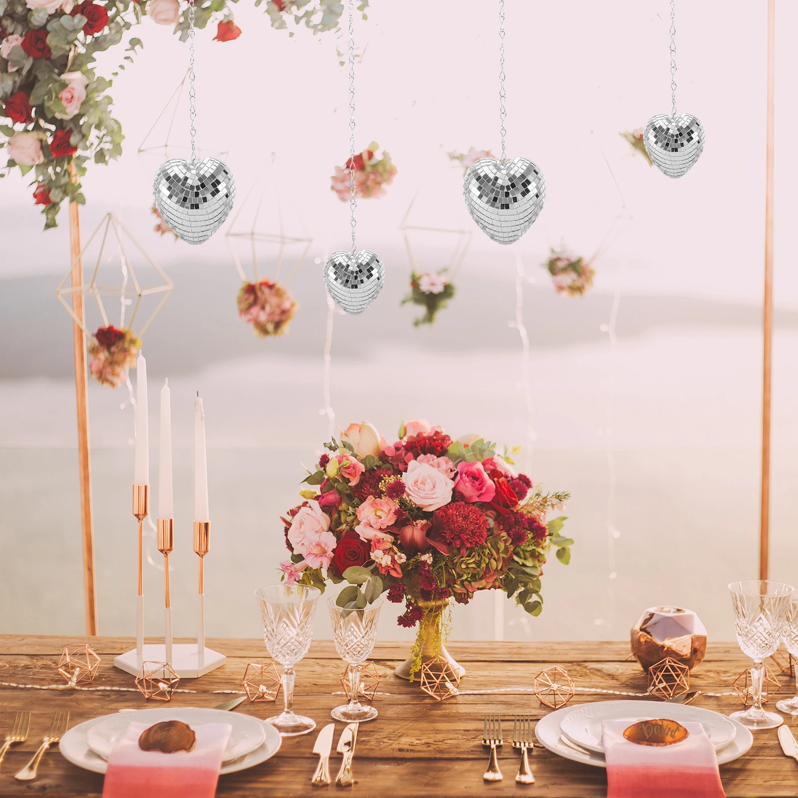 

4pcs Heart Shaped Mirror Disco Ball Hanging Ornament Reflective Glass Party Decoration For Christmas Wedding Bar Home Decor