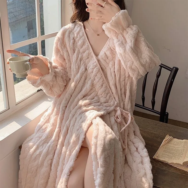 Winter New Style Solid Color Women's Thick Coral Fleece Jacquard Mid Length Warm Sleep Robe Cozy Home Wear Sexy Bathrobe XXL