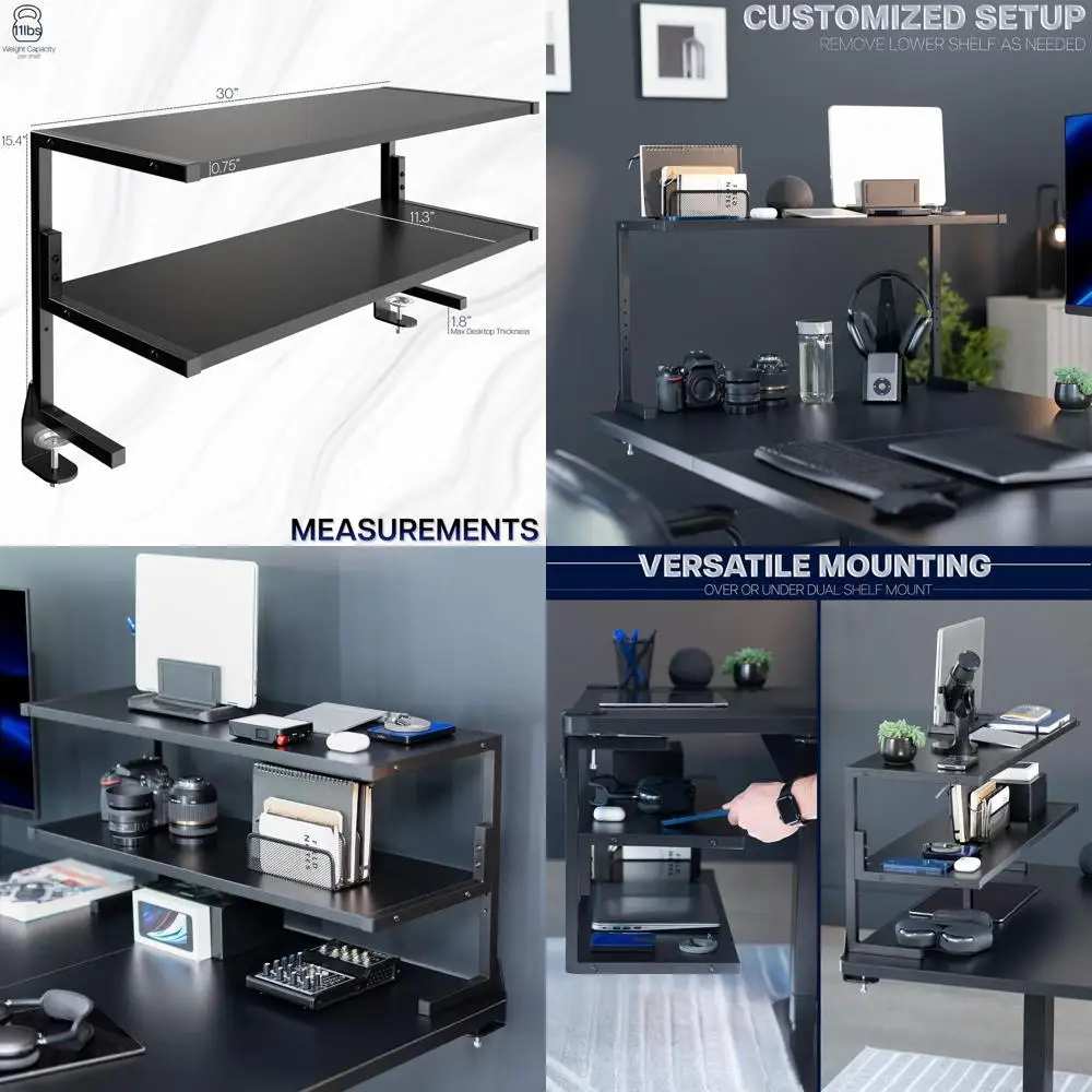 

30 Inch Adjustable Desk Shelving Unit, 2-Tier Storage, Organizer for Accessories and Gaming Devices, Black