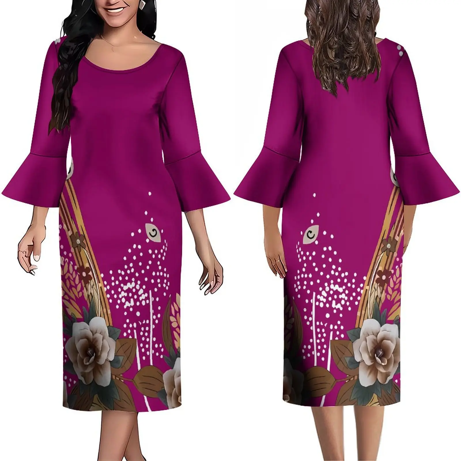 Samoa Women Flared Sleeve Big O-Neck Long Dress Soft Fabrics For Polynesian Clothing Mature Purple Flavor Customizable