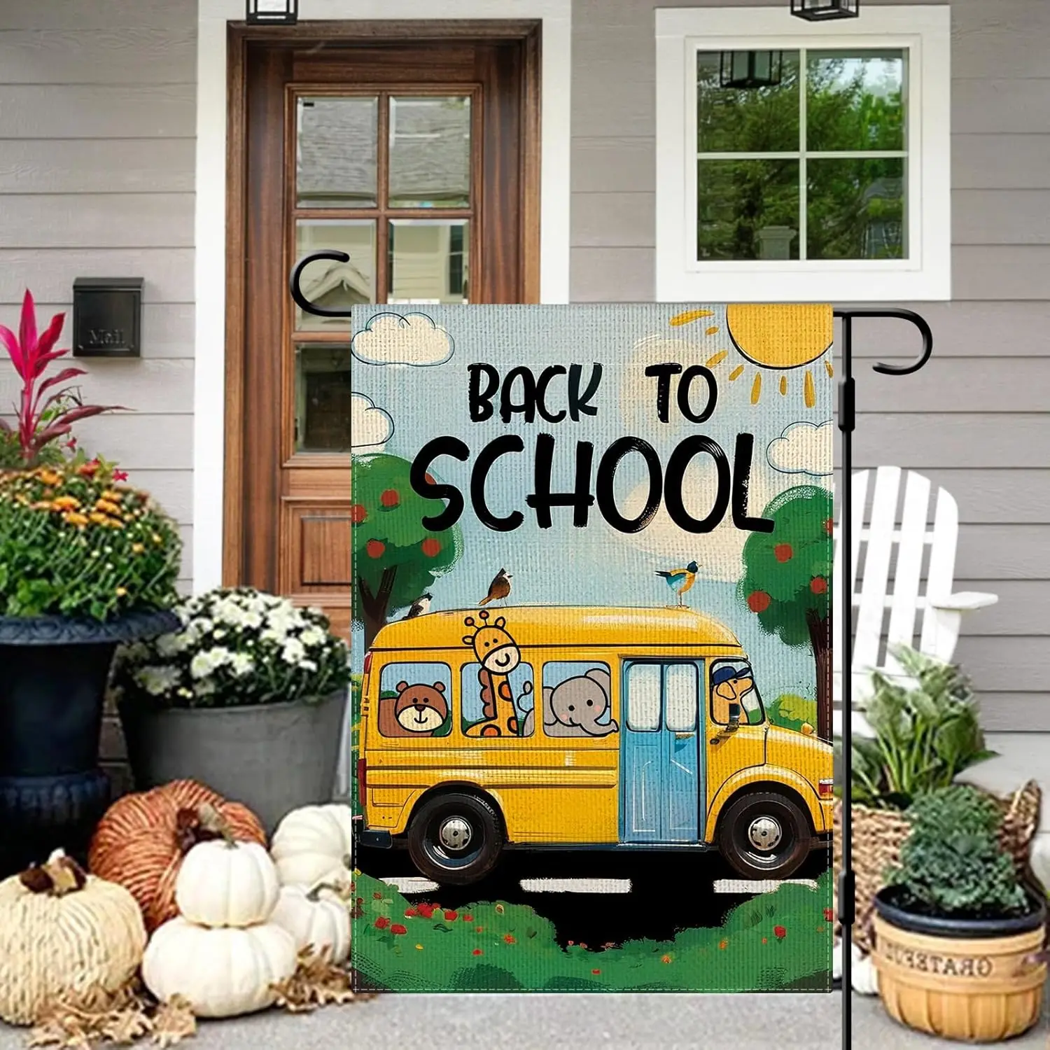 DLZDN Back to School Garden Flag School Bus Animals Flag 12×18 Inch Double Sided Buffalo Plaid Fall Farmhouse Yard Flag Seasonal