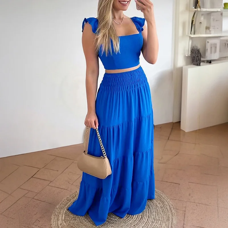 

Sexy Off Shoulder Sling Top and Long Skirt Suit Women's Elegant Elastic Waist Vacation Style Set Fashion Pleat Solid 2Pc Outfits