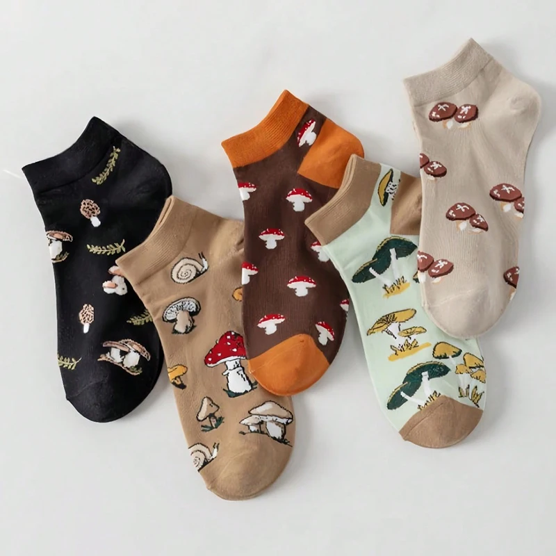 5 Paar Damensocken mit Ästhetischem Waldpilzmuster für Frühling und Sommer, Weiche und Atmungsaktive Knöchelsocken für Alle Jahreszeiten – Detail 2