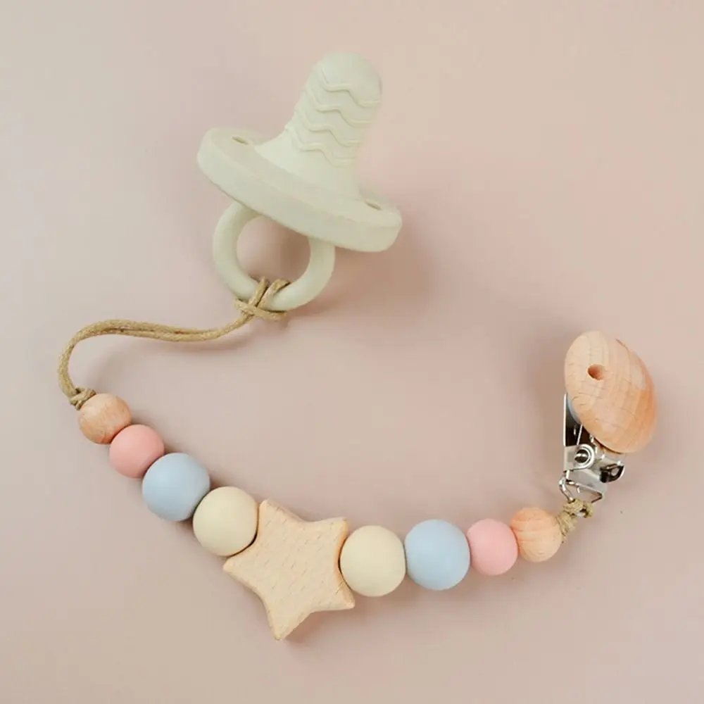 Dummy Clips Pacifier Holder Clips Star Soother Holder Baby Teether Toys Straps Nipple Holder Clips Wood Baby Pacifier Chain