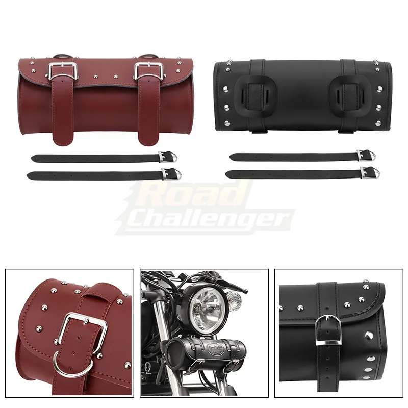 Universal Motorcycle Fork Tool Bag Luggage Saddle Bag Black Brown Front Leather Luggage Bag For Harley Bobber Suzuki Honda