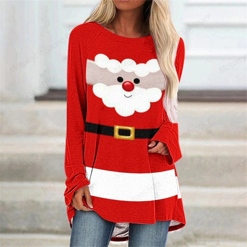 2025 New Christmas Santa Claus 3d Print Long Sleeve T-shirt Women Fashion Crewneck Red Long Tunic Tops Womens T shirt Gifts