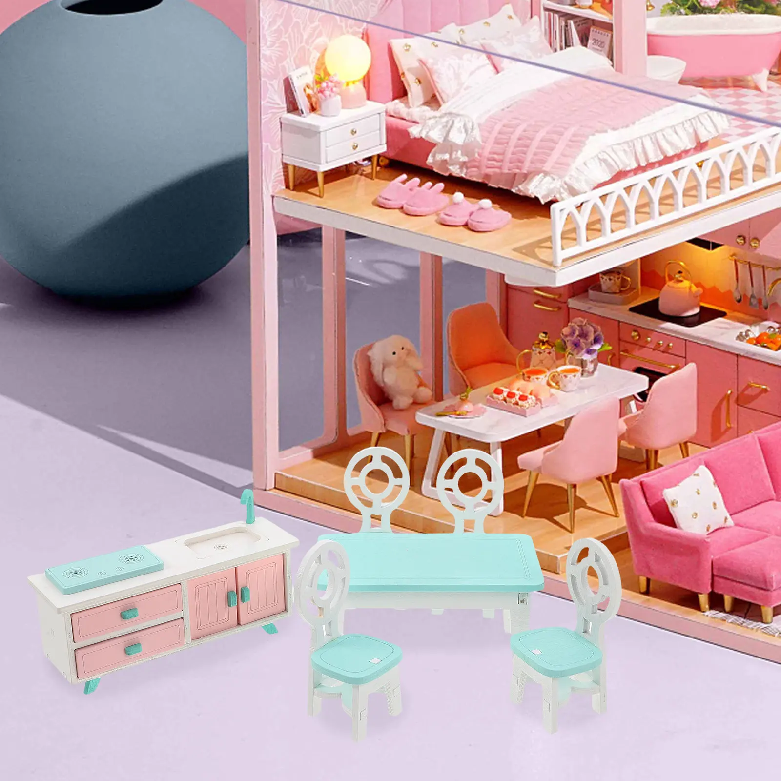 

1Set Miniature Dollhouse Furniture Wooden Dining Table Chair Cabinet 112 Scale Realistic Kitchen Accessories Fairy Garden