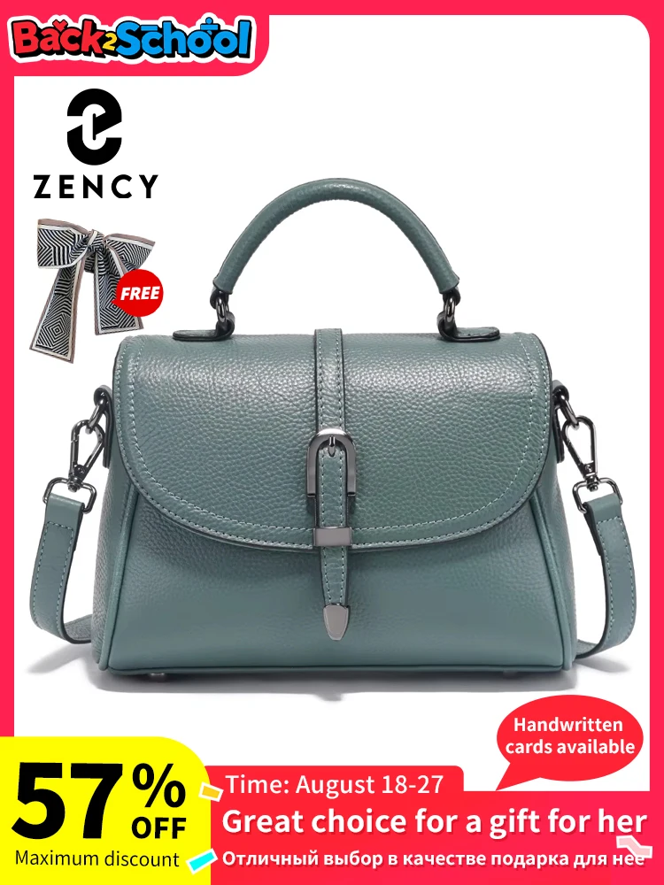 Zency Women's Genuine Leather Top-Handle Bag Simple Fashion Design Luxury Shoulder Crossbody Small Handbag Linen Blue Apricot