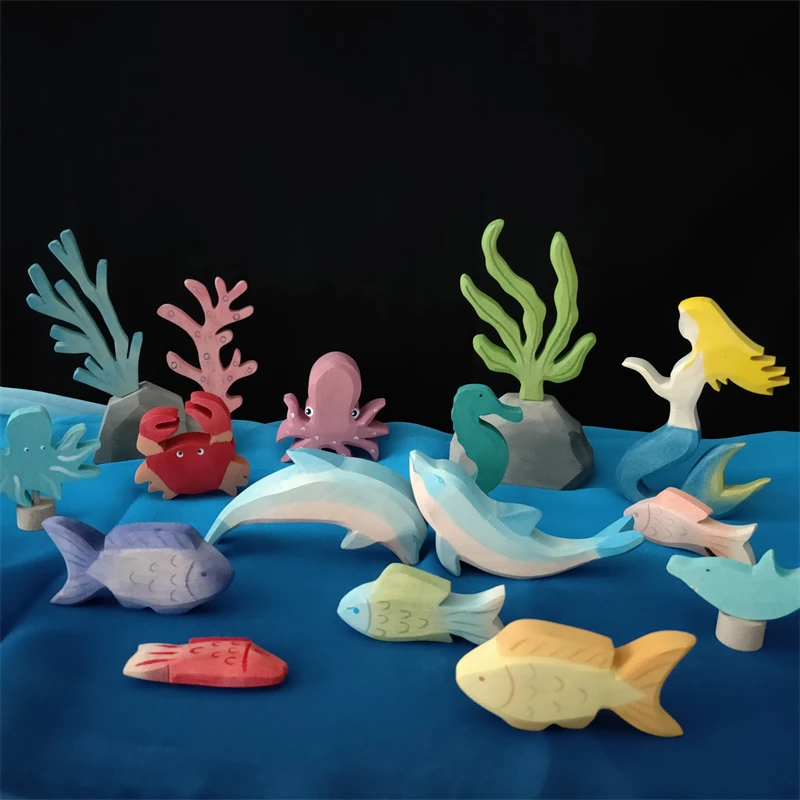 Wooden Ocean Animals Figures Kids Waldorf Educational Toys Handmade Fish Dolphin Shark Static Ornament Scene Construction Block