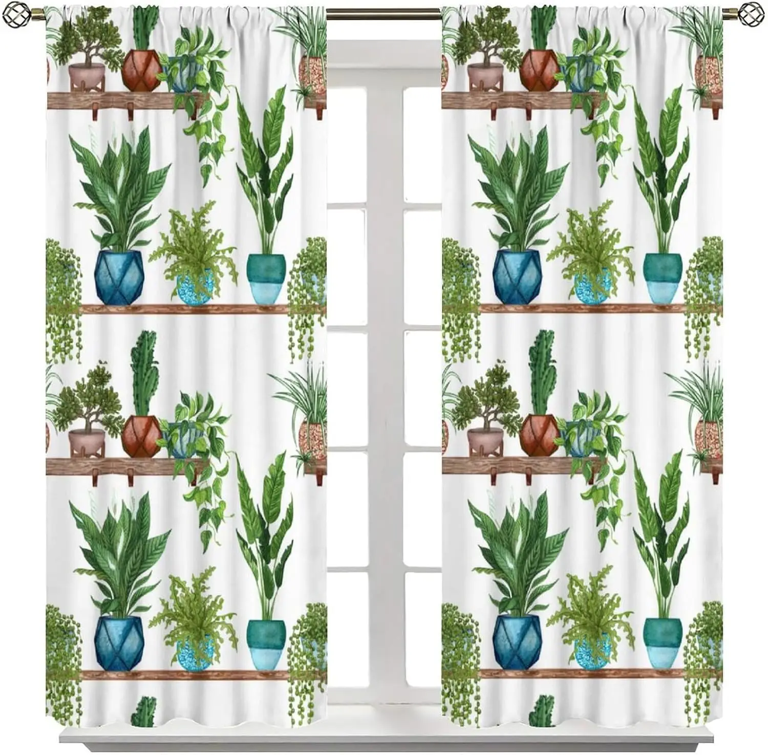 Shelf Green Plant Curtain 2 Panels,Cactus Fern Bonsai Trailing Vine Color Pot White Base Print, Drapes for Bedroom Plant Curtain