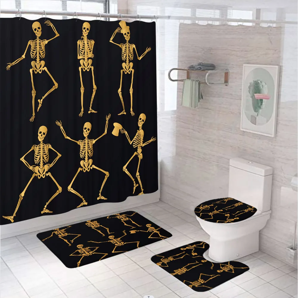 

Halloween Bathroom Set with Shower Curtain Rug Accessories Funny Skeletons 4Pcs Tub Screen Cute Skull Black Home Decor 12 Hooks