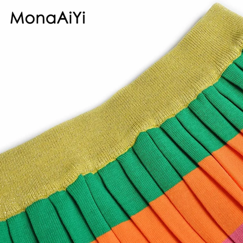 MonaAiYi HIGH QUALITY Runway Fashion Designer Women's Short Sleeve T-Shirt Knitting Top +Fashion Striped Pleated Skirt Uit