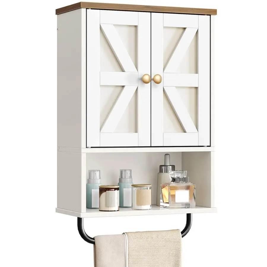 

Wall Cabinet, Medicine Cabinet with Open Partition and Towel Bar, Rustic Storage Cabinet with Open and Hidden Storage Space, for
