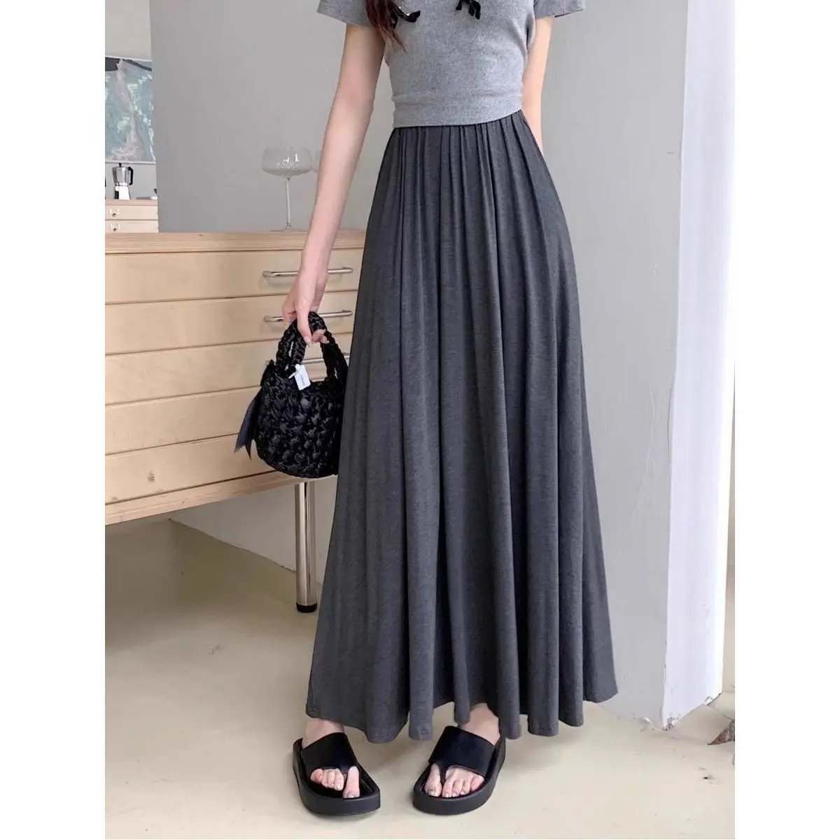 Laid-back Style A-Line Skirt Women's High Waist Loose Fit Modal Fabric Spring New Arrival Drapey Long Skirt Korean Style Brea...