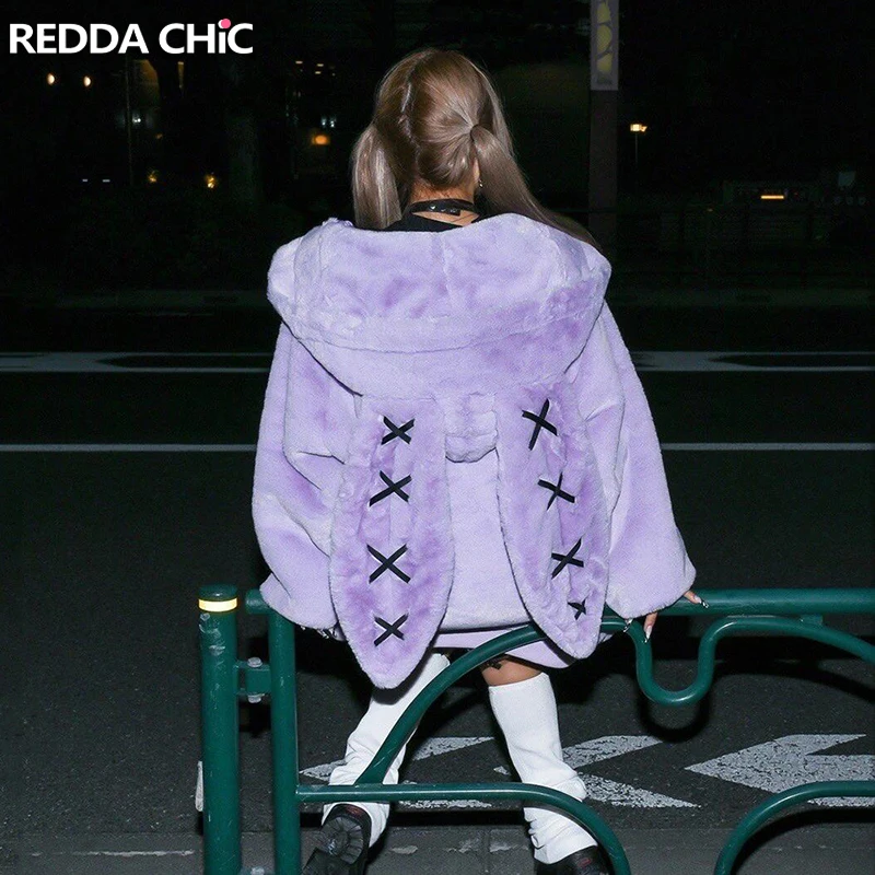 ReddaChic Kawaii Plush Coat with Rabbit Ear Women Hooded Zip-up Long Sleeves Fleece Lined Oversized Jacket Lolita Winter Outwear