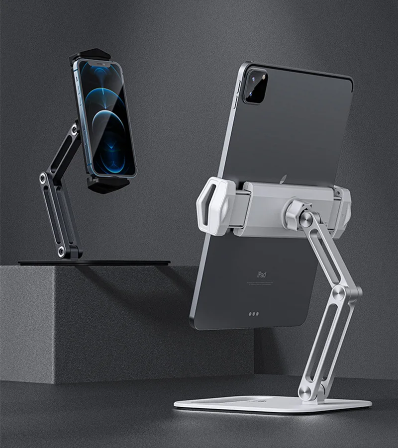 Long Arm Aluminum Alloy Tablet Stand Adjustable Folding iPad Stand Ergonomic 360°Rotatable Tablet and Phone Clamp Mount Holder