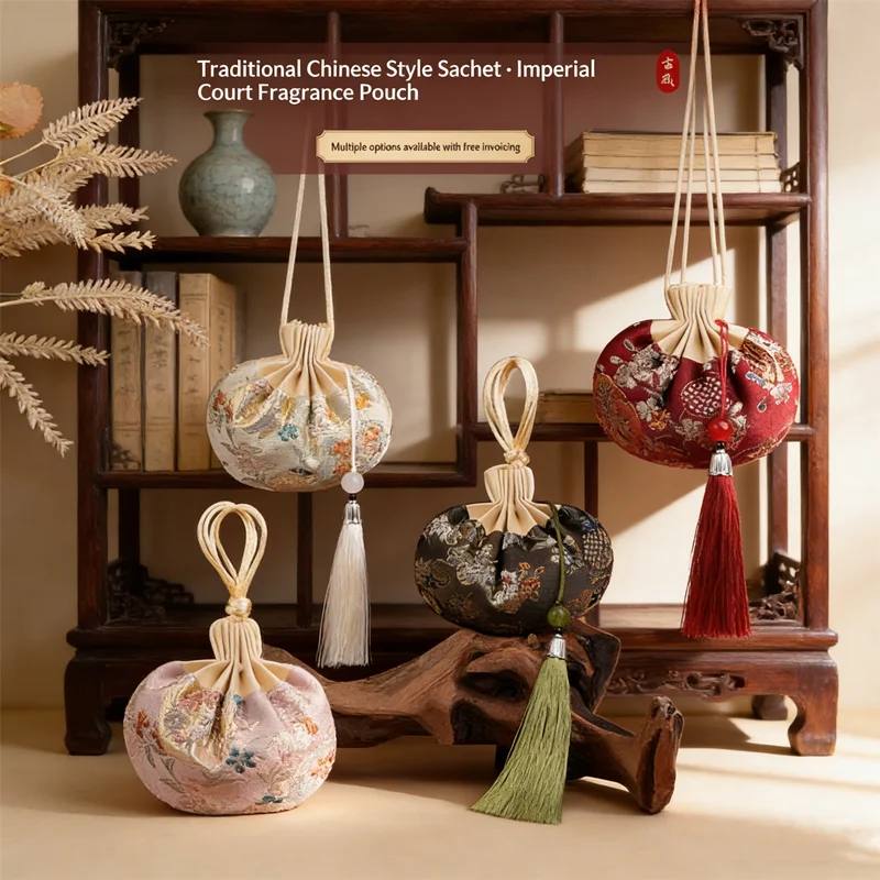 

2026 NEW Chinese Style Drawstring Storage Bag with Multi Color Tassel & Flower Pattern, Hanging Decoration Pouch for Home Decor