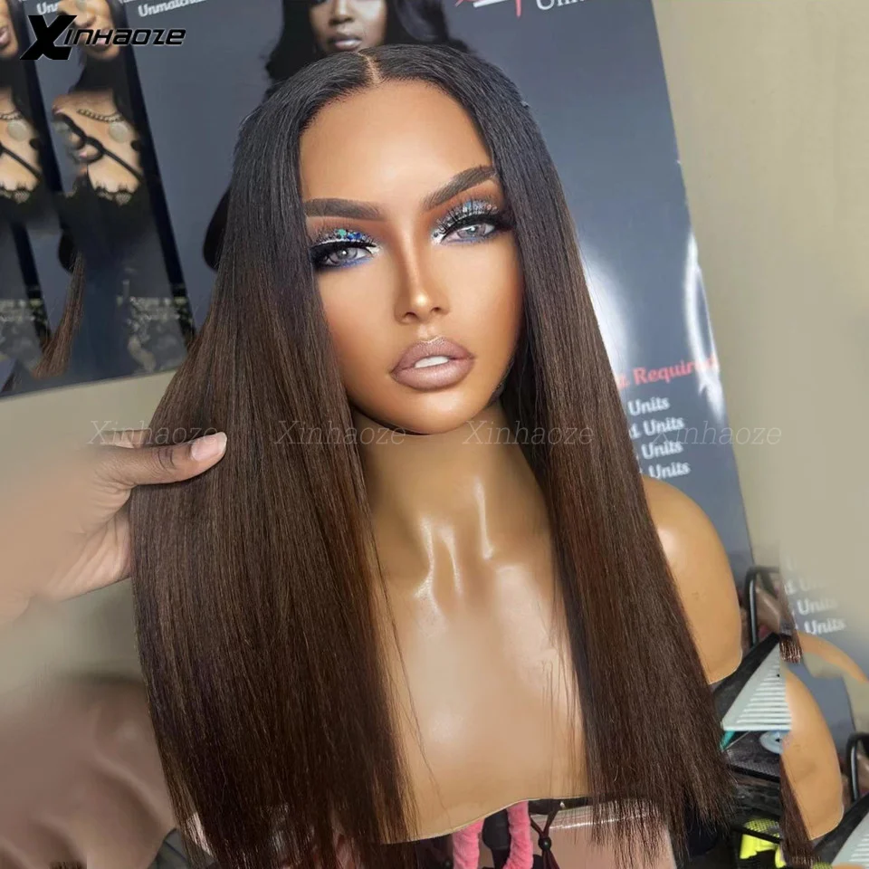 Dark Brown Ombre Light Yaki Straight 13x4 Lace Front Human Hair Wigs For Women 180% Brazilian Remy Hair Silk Top Closure Wig
