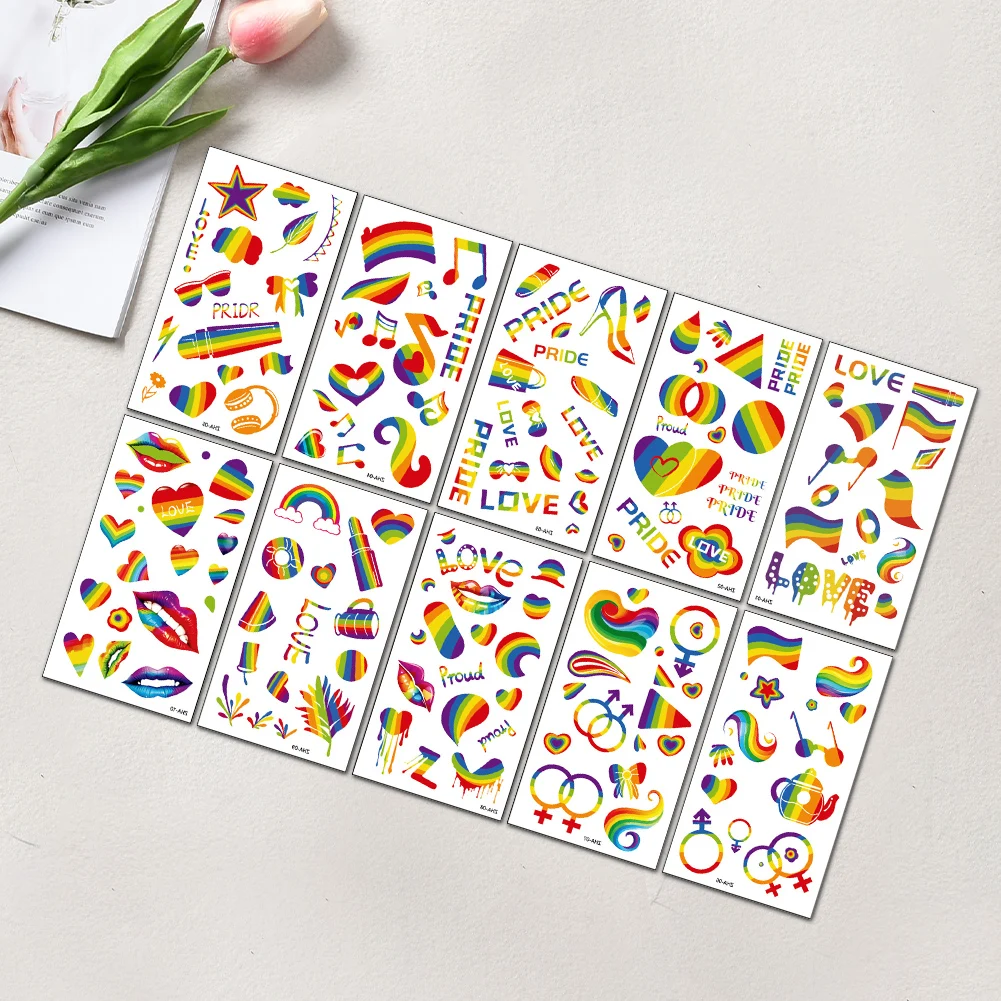 

10 Sheets Pride Tattoos Waterproof Gay Pride Tattoos Mouth/Heart/Rainbow Tattoos for Pride Equality Parades and Celebrations