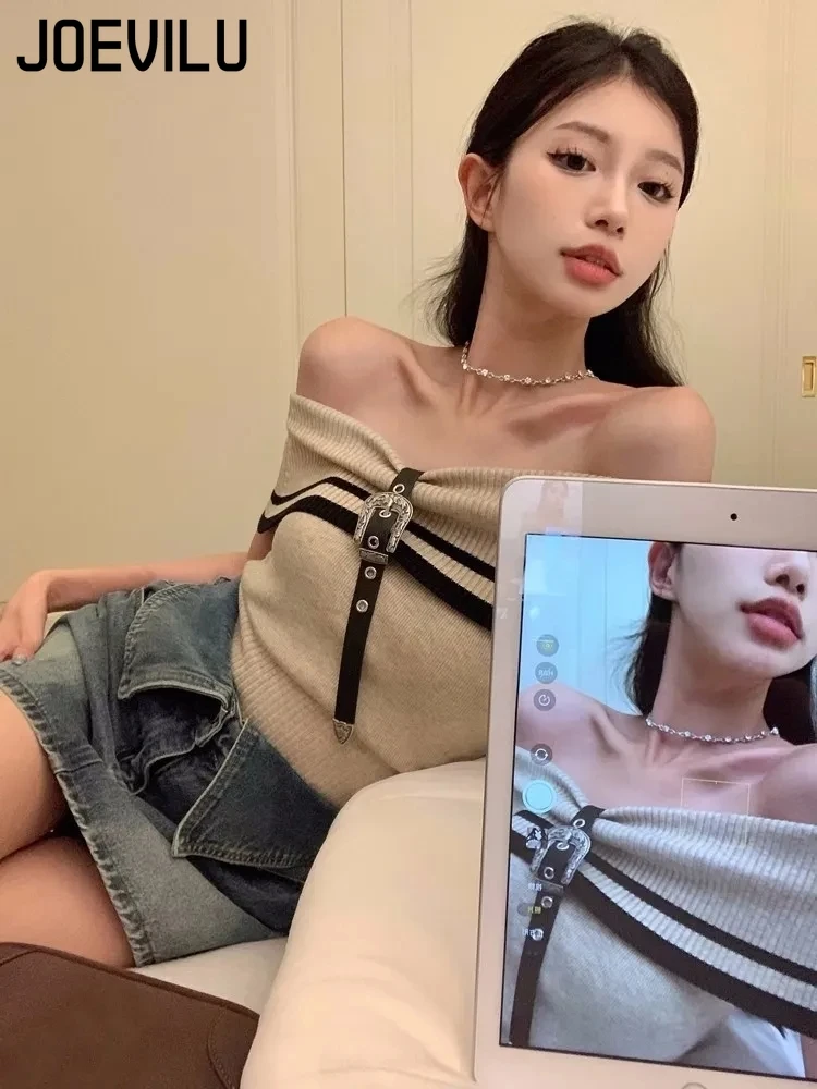 JOEVILU Off Shoulder Knit Tops Women\'s Sexy Collarbone Short Sleeved Shirts Summer Korean Skinny Crop Tee Y2k Aesthetic Clothes