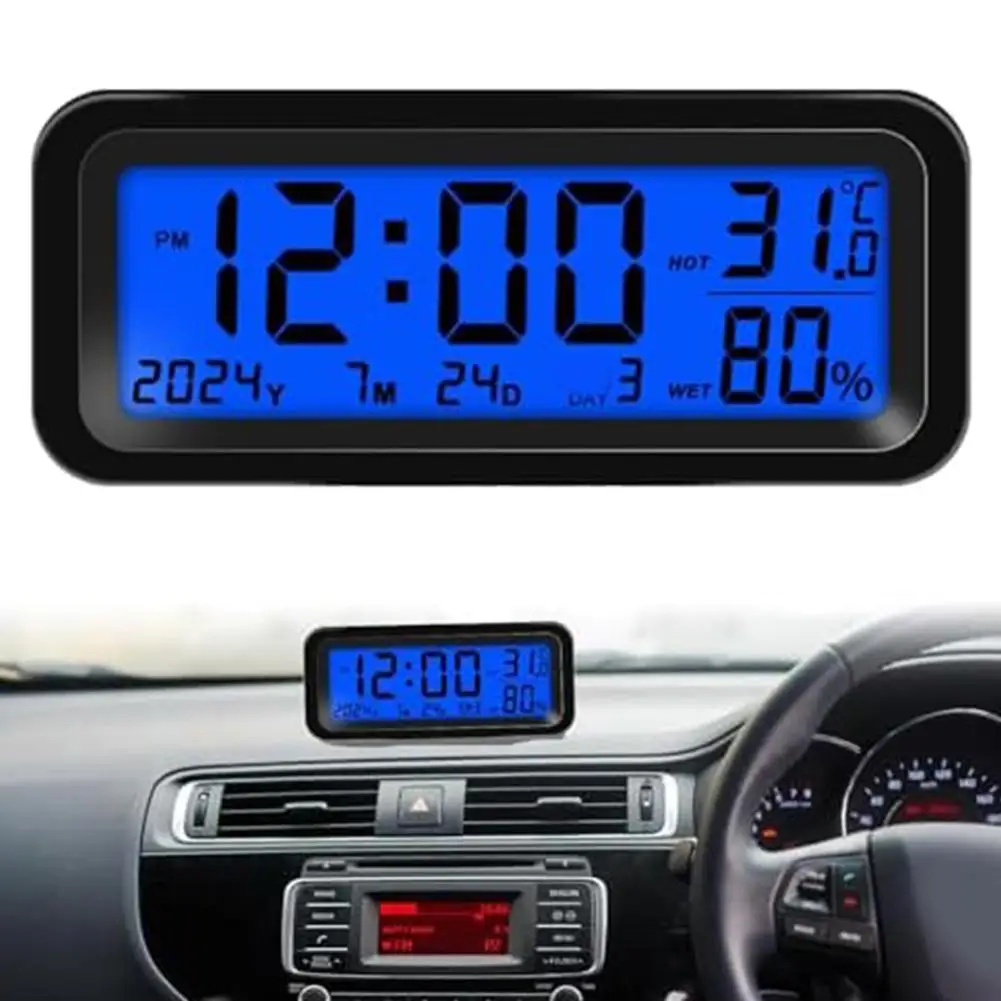 Solar Mini Digital Clock For Car Dashboard Display,Date,Temperature (Blue Green) High Precision LCD Digital Watch Car Accessorie