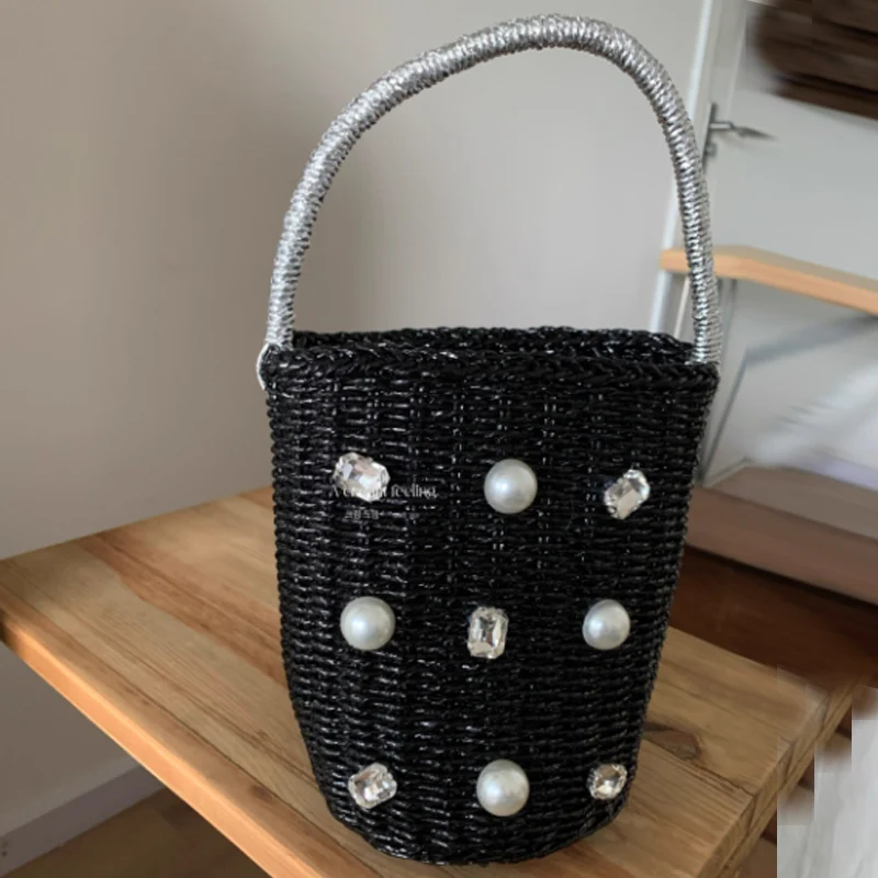 

New Diamond Studded Handbag Handmade Grass Woven Women's Bag Fashion Grass Woven Bucket Bag Small Basket Fairy Women's Bag