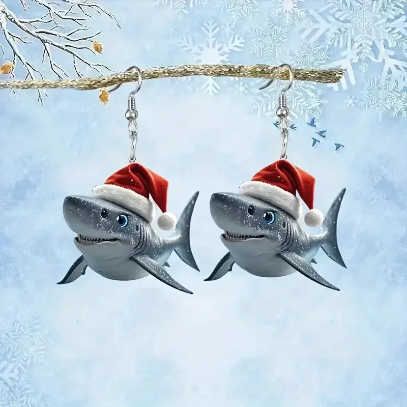 2Pcs Fashion Creative Shark Animal Christmas Hat  Acrylic Dangle Earrings Women Trendy Personality Party Daily Gift Jewelry