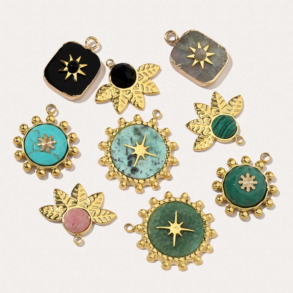 3pcs/Lot French Leaf Natural Stone Stainless Steel Diy Charms Women African Pine Star Necklace Pendant Chalchite Jewelry