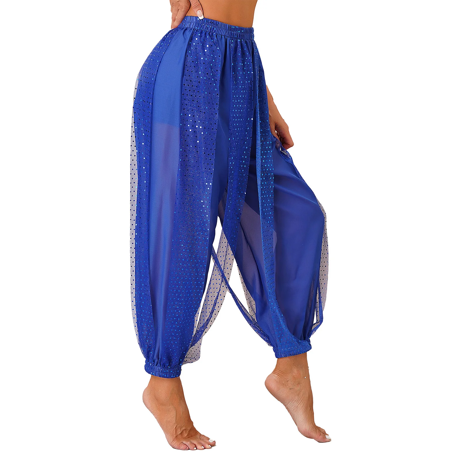 Pantalones bombachos brillantes con lentejuelas para mujer, traje de danza del vientre para adultos, con división lateral, con monedas, estilo árabe