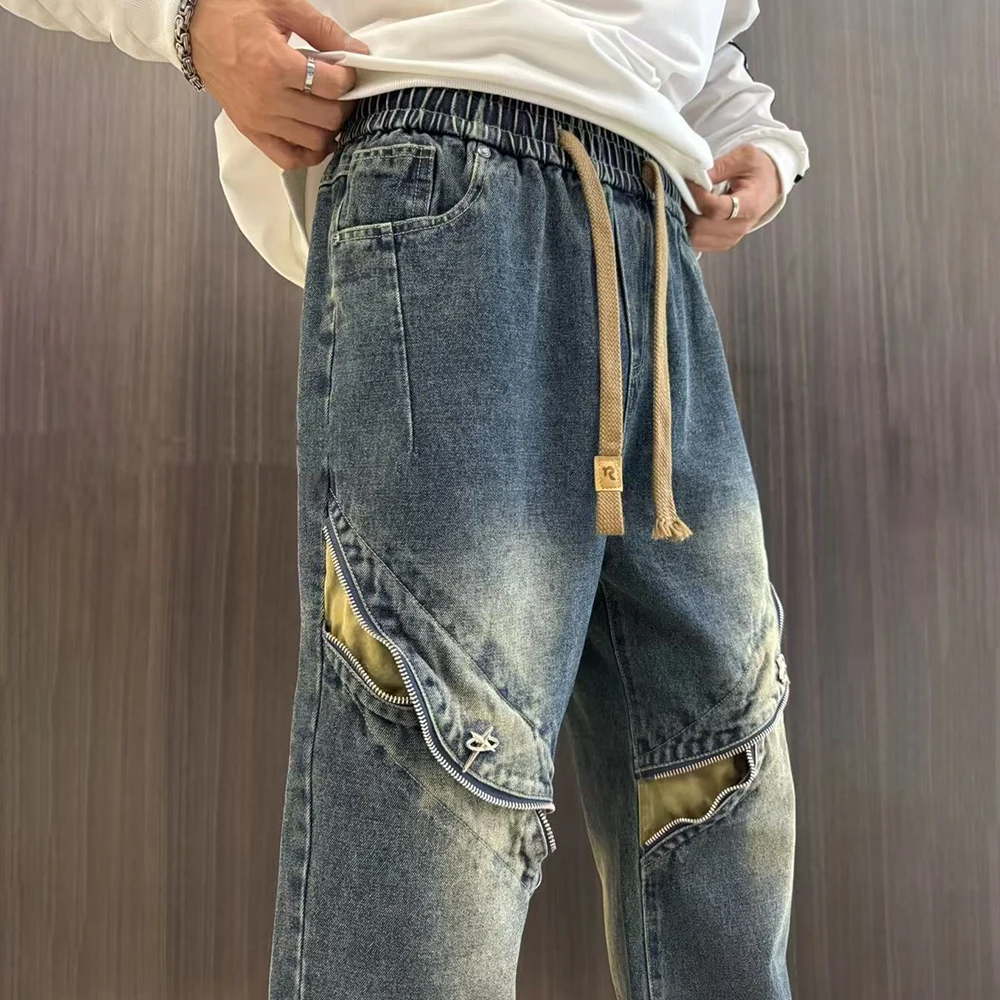 Mens Fashion Light Luxury Jeans Autumn Winter New Series Contrast Color Stitching Zipper Handsome Casual Pants Retro Slim Pants