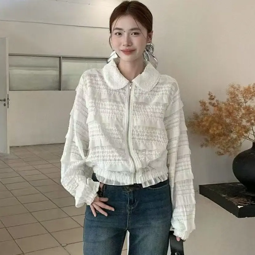 

East Gate Vintage Sle ort Lace Trim Zipper Long Sve Doll Collar Jaet Women's Faion Outerwear Polyester Fiber Warmth