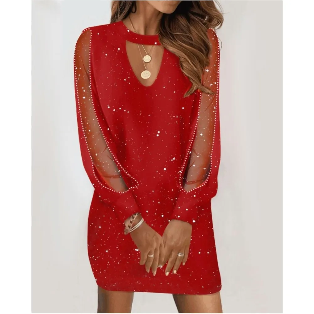 Women Mini Dress Floral Embroidered Mesh Patchwork A-line Dress for Women Long Sleeve Party Commute Mini Dress with Hollow Out