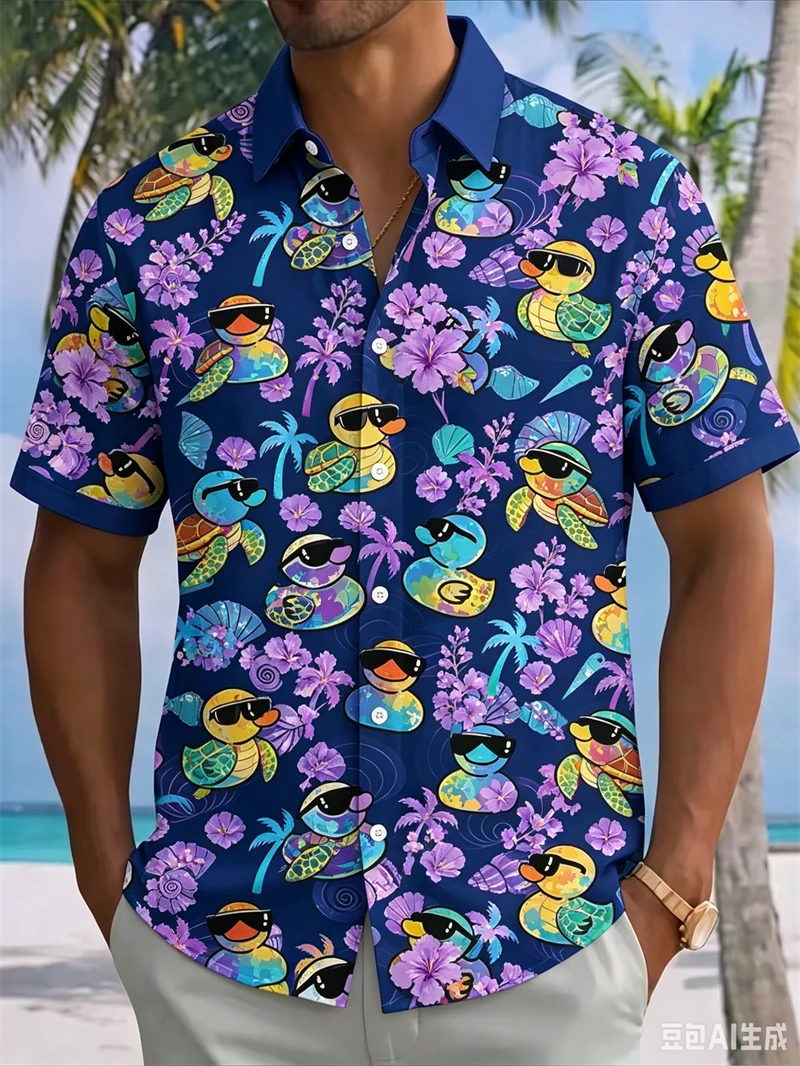 Men's Shirts Colorful Rubber Duck 3D Print Short Sleeve Button Down Shirts Funky Summer Beach Daily And Vacation Wear Shirts