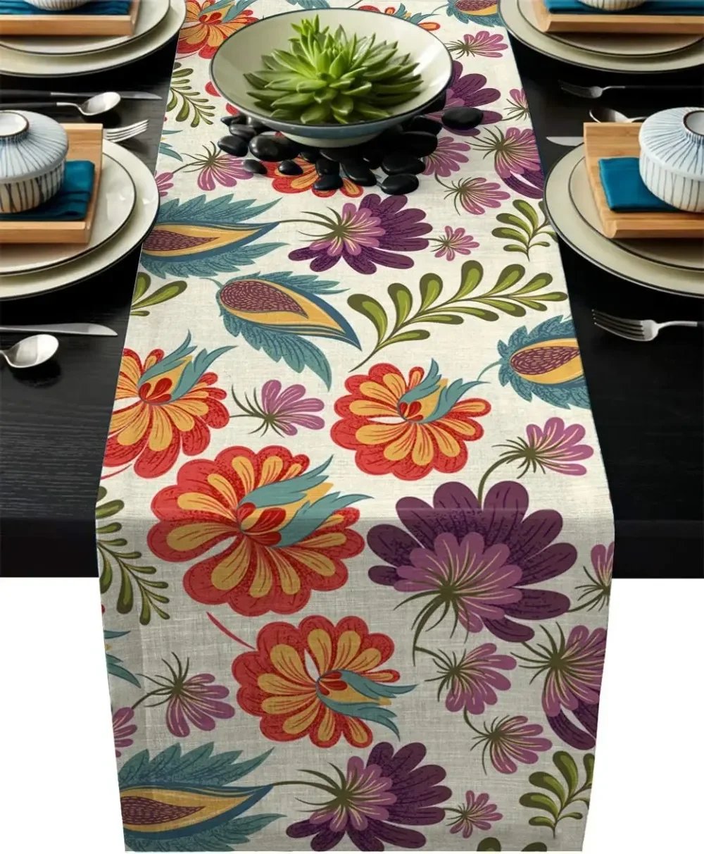 

Spring Summer Colorful Floral Linen Custom Table Runner Holiday Party Decoration Washable Dining Tablecloth Farmhouse Wedding Ho