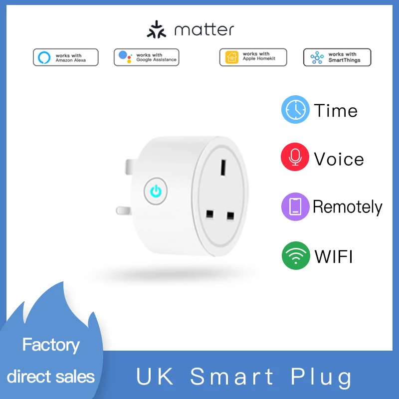 UK Matter 16A Wifi Smart Socket with Power Monitor UK Plug Home Appliance Outlet Works with Homekit Alexa Google