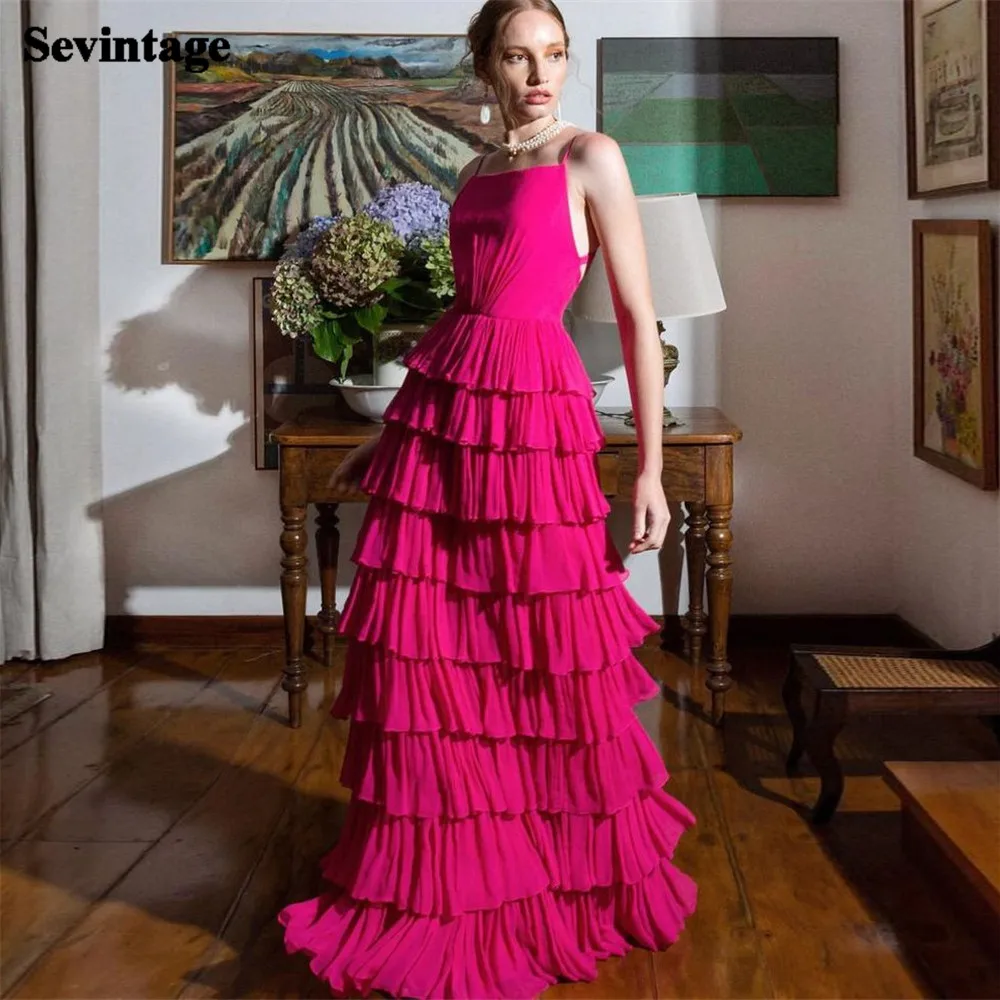 

Sevintage Elegant Fushia A-Line Prom Dress Spaghetti Strap Tiered Ruched Floor Length Princess Evening Dress vestido de gala