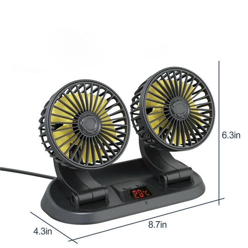 1pc Black 360 ° Three Speed Adjustable Dual Head With LCD Display 12V/24V Universal Car Fan