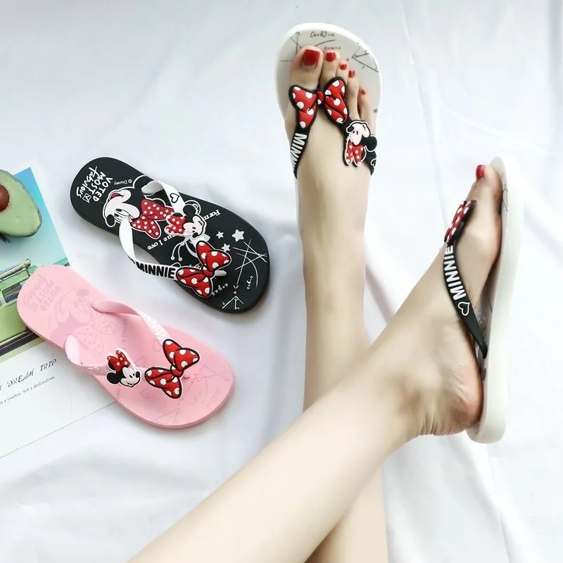 Disney Kawaii Mickey Minnie Flip Flop Kawaii Seaside Slippers Beach Outerwear Non-Slip Girls Slippers Clip Toes Outer Wear Gift