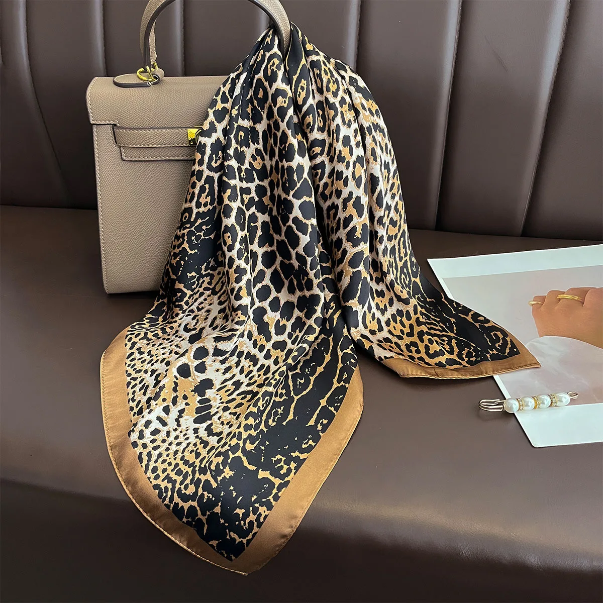 70*70cm Leopard Print Foulard Silk Square Scarfs Women Soft Satin Hairband Neckerchief Fashion Decorate Hijab Female Headband
