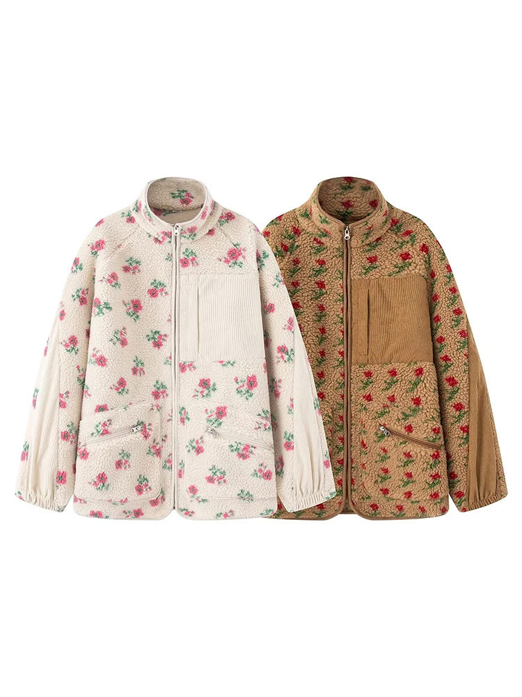 

European and American style autumn and winter new fashion women's loose commuting versatile lamb floral pullover sweatshirt jack