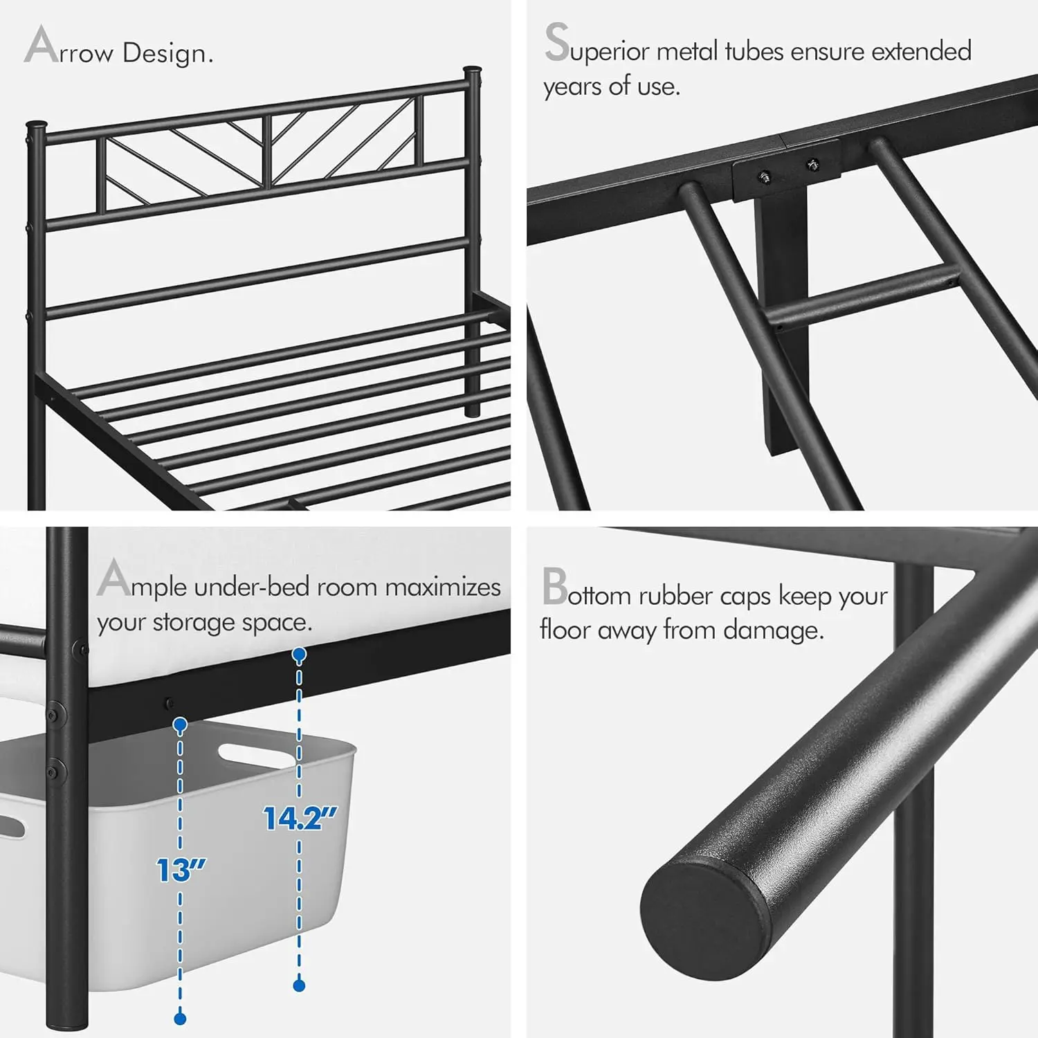 Double Sided Bed Frame com Seta Design Cabeceira, Metal Colchão Base, fácil de montar, preto, 13"