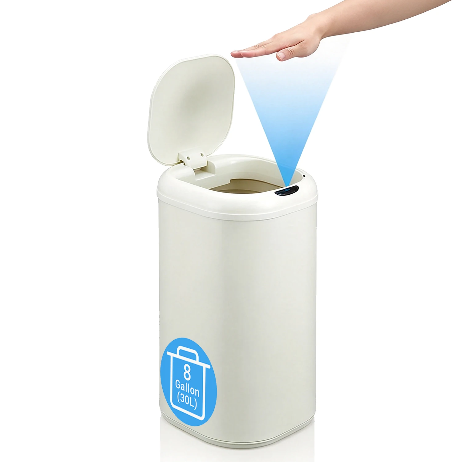 Touchless Motion Detector Trash Can, 8 Gallon Commercial Waste Bin, Stainless Steel, Automatic Lid, Fingerprint-Resistant, Cylindrical Design for Kitchen, Bathroom, Office, Cream White