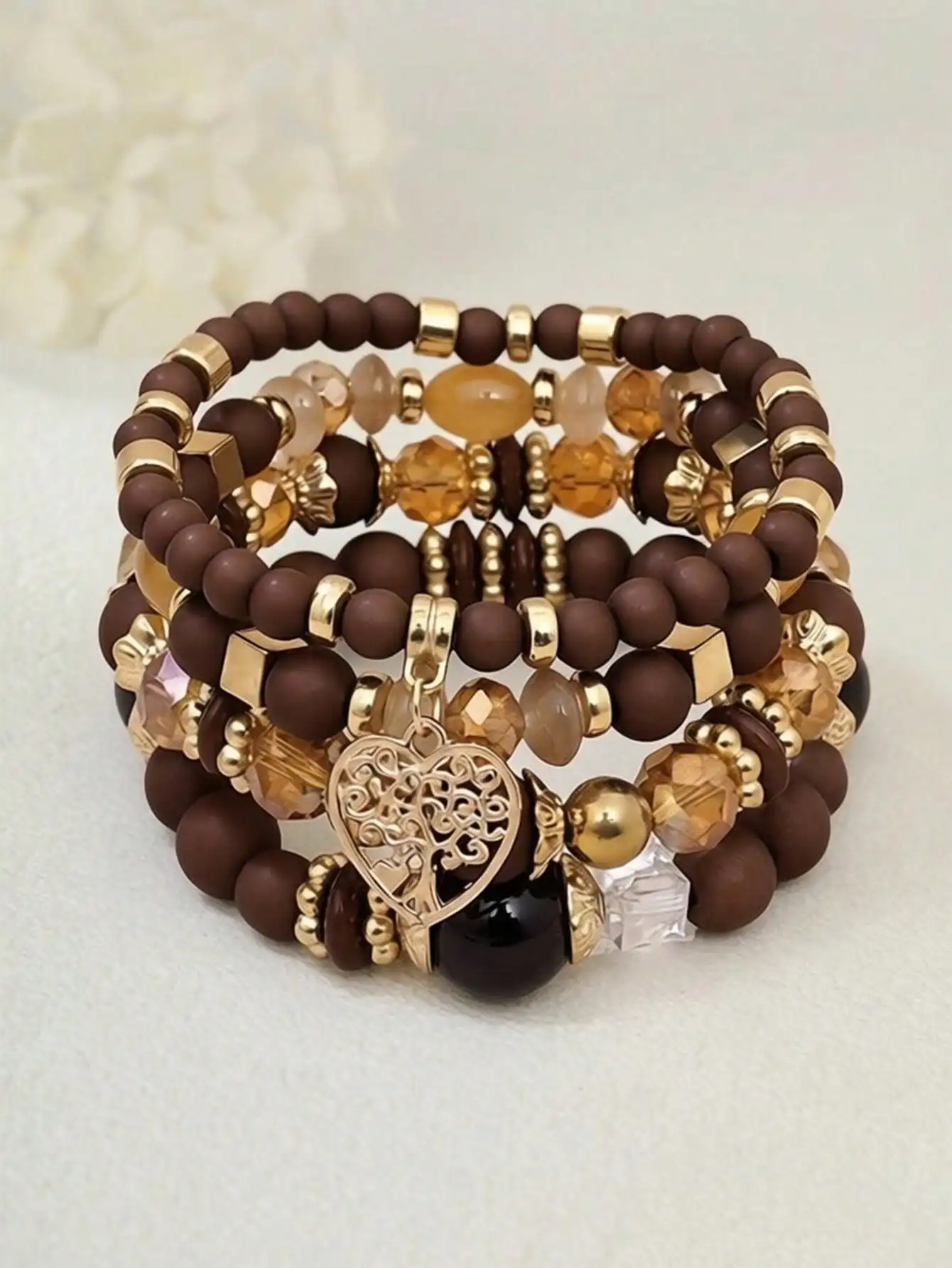 4pcs/Set Bohemian Style Multilayer Bracelet Set With Heart,  Tree Of Life, Acrylic Beaded Pendants, Suitable For Women's Daily Wear, Events, Parties