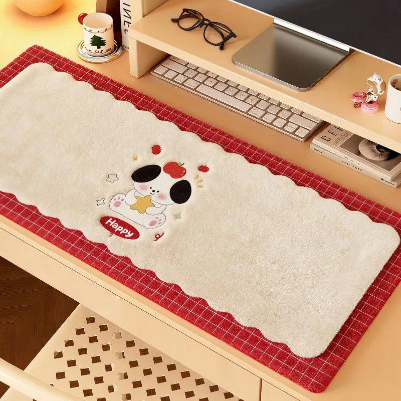 Kawaii Cartoon Puppy Faux Cashmere Extended Mouse Pad Wavy Scalloped Edge Large Mouse Pads Soft Thick Warm Winter Desktop Mat