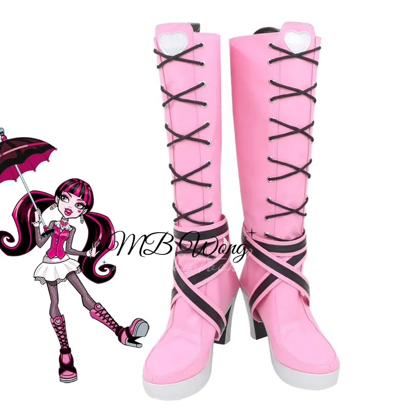 

Anime Monster High Draculaura Cosplay Shoes Boots Pink Long Boot Laura Role Play Uniform Halloween Carnival Party Outfit Props