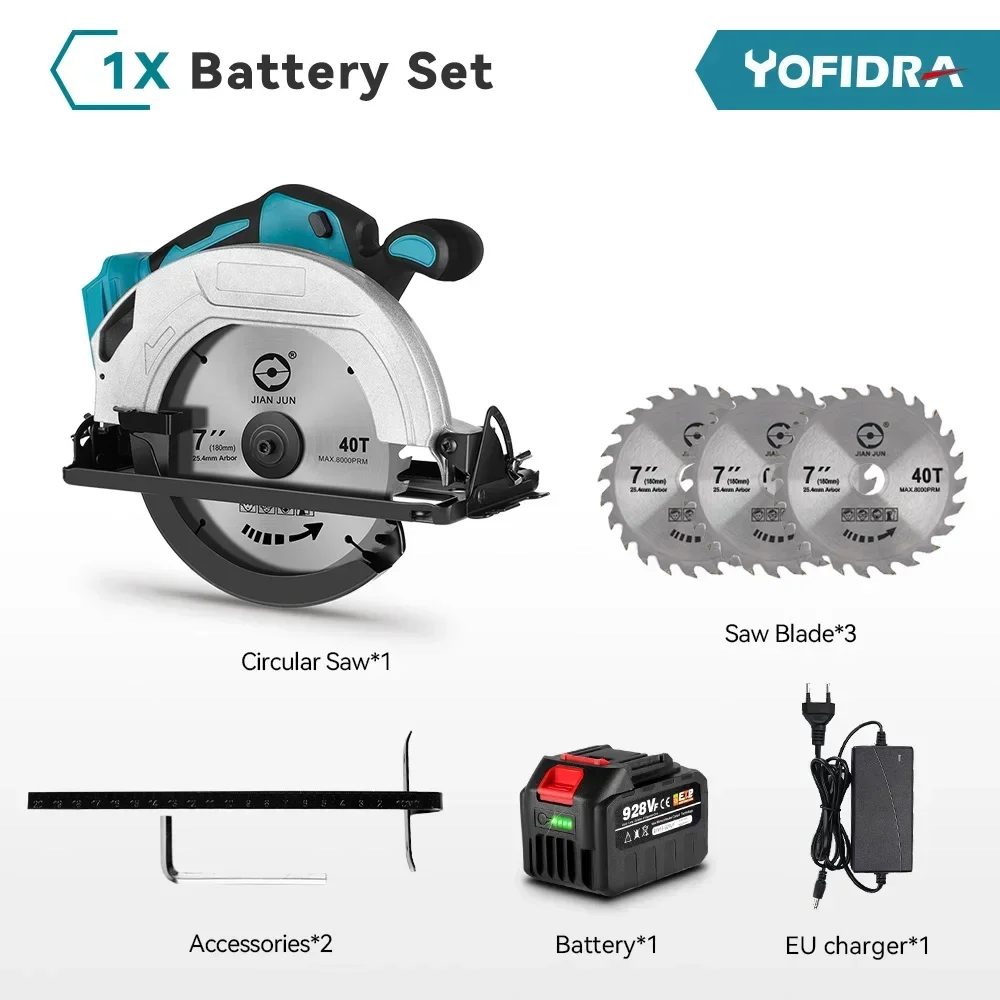 YOFIDRA 7Inch Borstelloze Elektrische Cirkelzaag 180mmSnoerloos Verstelbare Hoek Snijden Power Tool Fit Voor Makita 18V Batterij pin