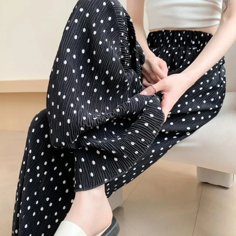 Polka Dot Pleated Wide-leg Pants Female  Summer Thin High Waist Vertical Slacks Loose Ice Silk Mopping Pants Streetwear Women