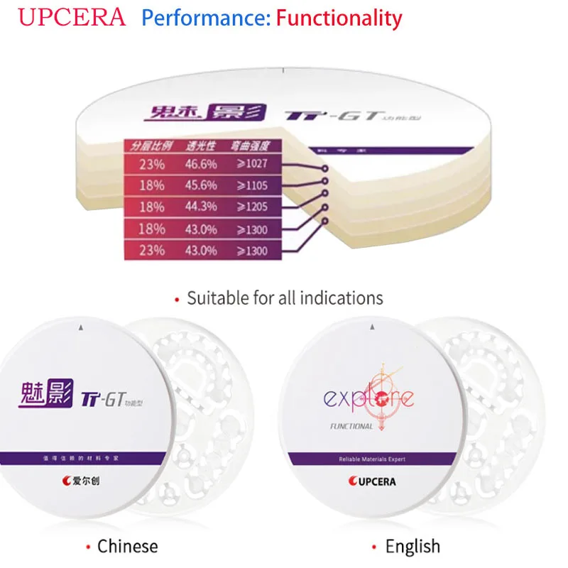 

98 mm UPcera TT-GT Functional Dental Zirconia Block 5 Layers 3D Multilayer Dental Implant Laboratory CAD CAM Denture Materials