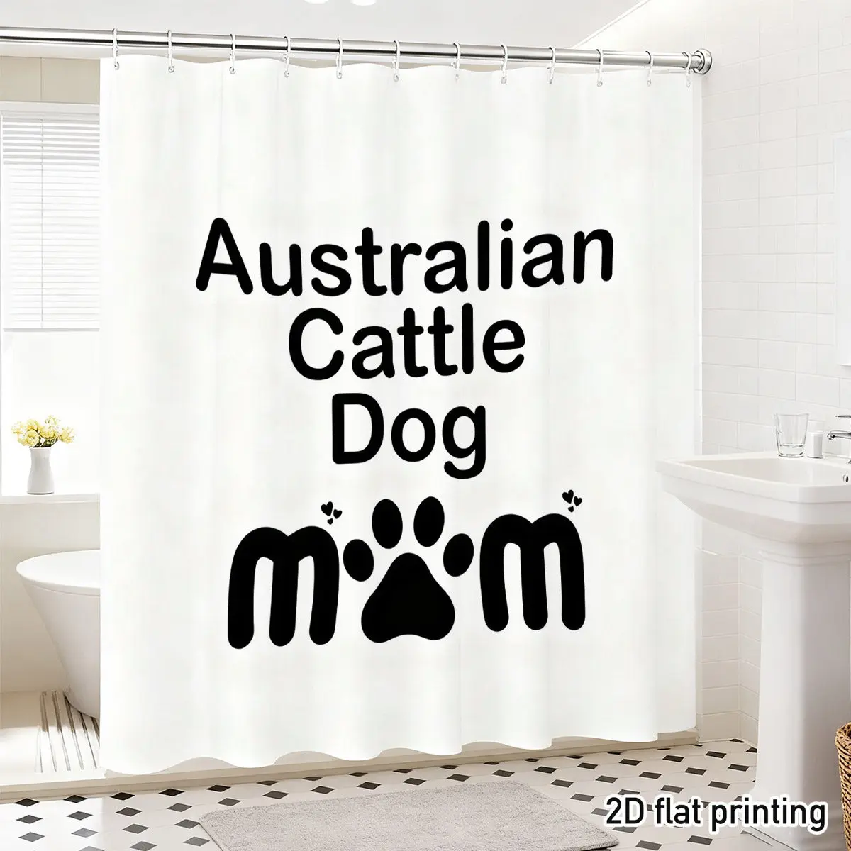 Australian Cattle Dog MOM Shower Curtain – Text with Paw Print Design, Black on White, 2D Flat Print, Polyester, 70.8