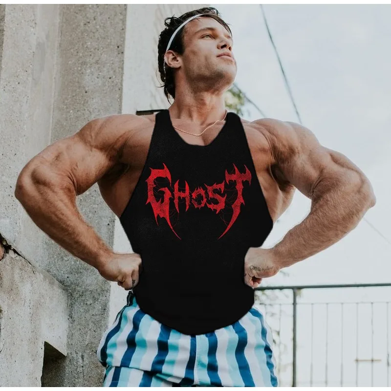 

Мужские летние майки, дышащий 100% I-образный жилет с графикой призрака, мужская спортивная одежда для бодибилдинга, уличная одежда для фитнеса и мышц
